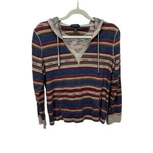 Ralph Lauren Womens LG Boho Hoodie Multicolor Pockets Long Sleeve V-Neck Tribal